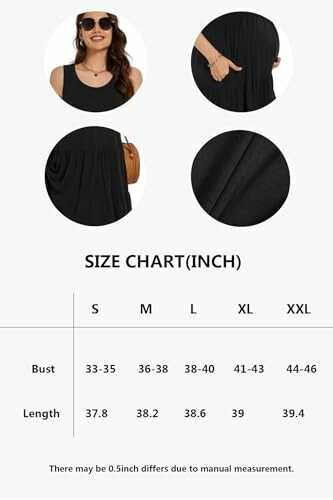 Black dress size chart with bust and length measurements.