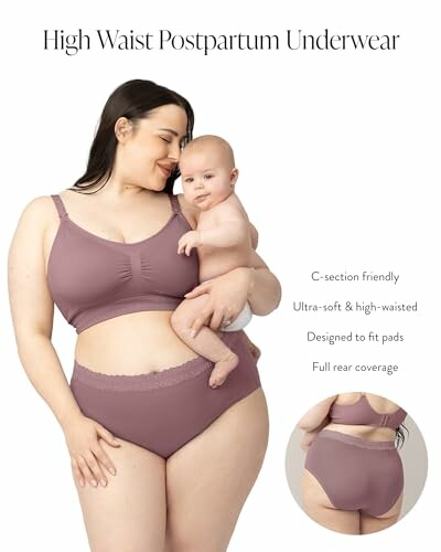 Woman holding a baby wearing high waist postpartum underwear, with product features listed.