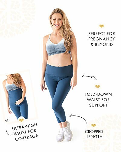 Woman wearing maternity activewear leggings with features highlighted: ultra-high waist, fold-down support, cropped length.