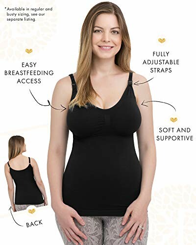 Woman wearing a black maternity nursing tank top with adjustable straps.