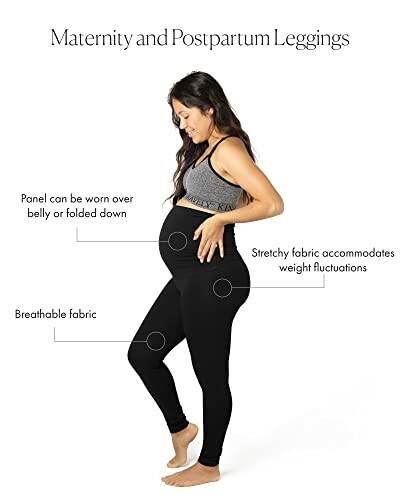 Woman wearing maternity and postpartum leggings with descriptive labels.