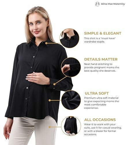 Pregnant woman wearing a black maternity shirt with feature highlights.