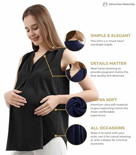 Pregnant woman wearing a black maternity top with feature highlights.