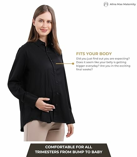 Woman wearing black maternity shirt, hand on belly, with text about comfort for all trimesters.