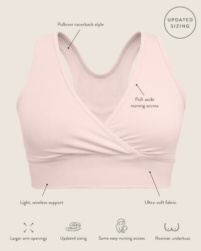 Nursing bra with pullover racerback style, pull-aside nursing access, and ultra-soft fabric.