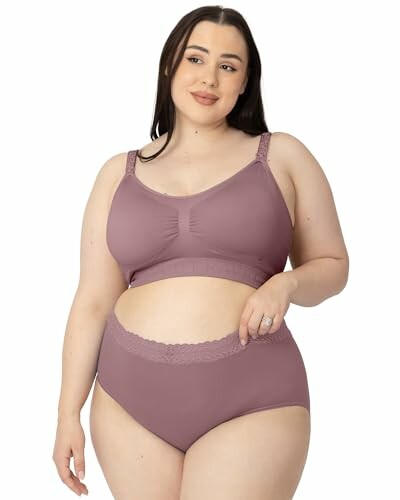 Woman modeling comfortable mauve lingerie set